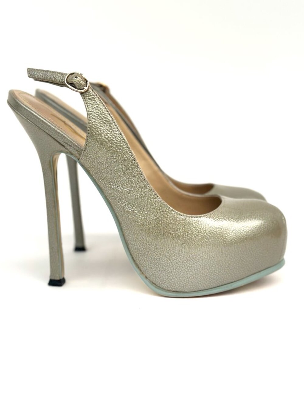 YSL Tribtoo Metallic Gold Platform Slingback Pumps – Ankle Strap – Made in Italy